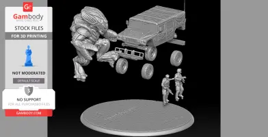 Alien creature battles soldiers, lifting a vehicle in a dynamic 3D printed diorama scene.