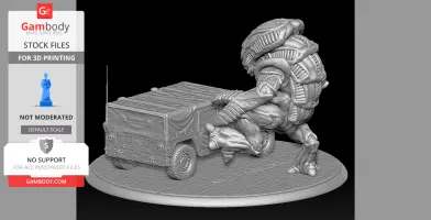 A detailed 3D model of a creature versus military vehicle diorama, designed for printing.