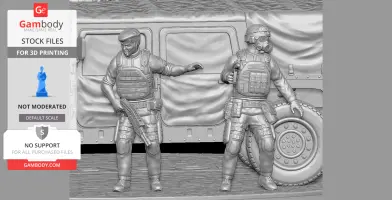 Two armed soldiers in combat gear stand beside a military vehicle.