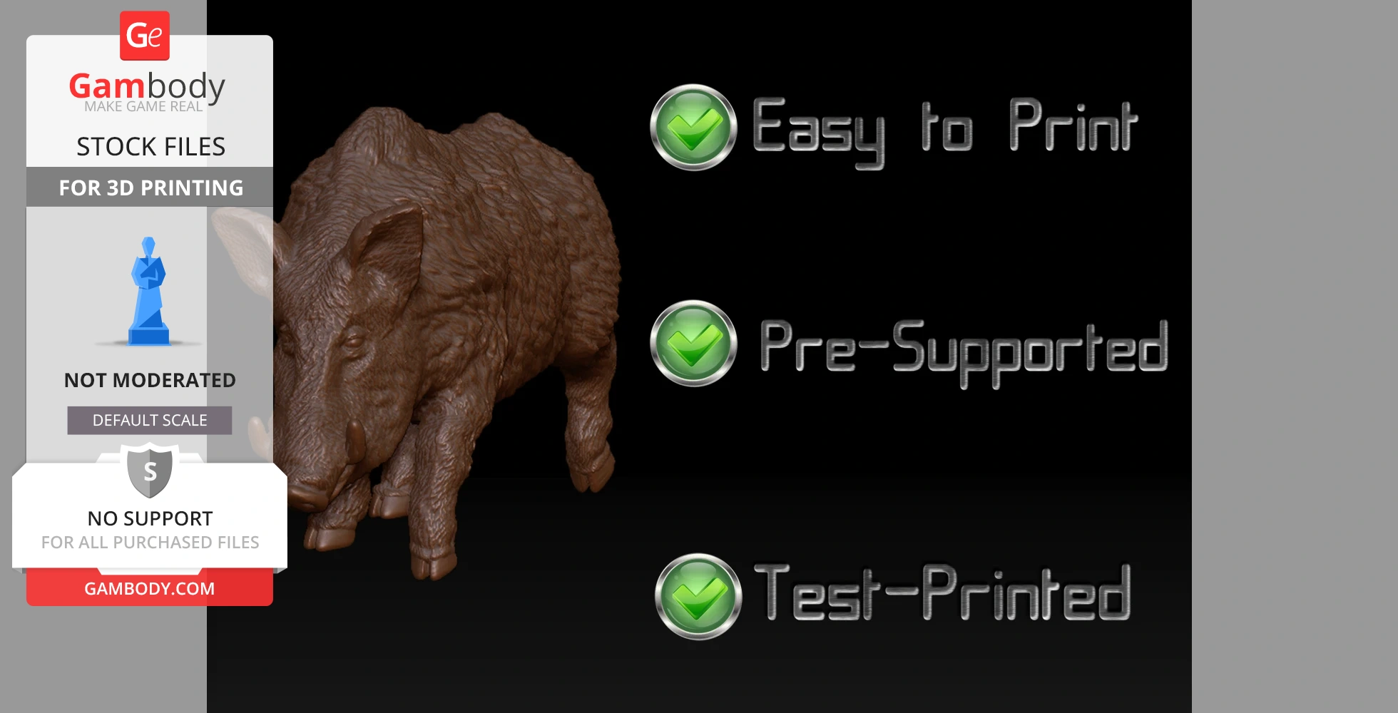 3D model of a boar with 'Easy to Print,' 'Pre-Supported,' and 'Test-Printed' badges displayed.