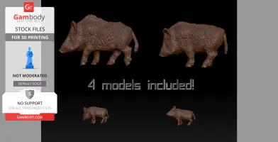 Four 3D printable boar models in varying sizes, shown on a black background.