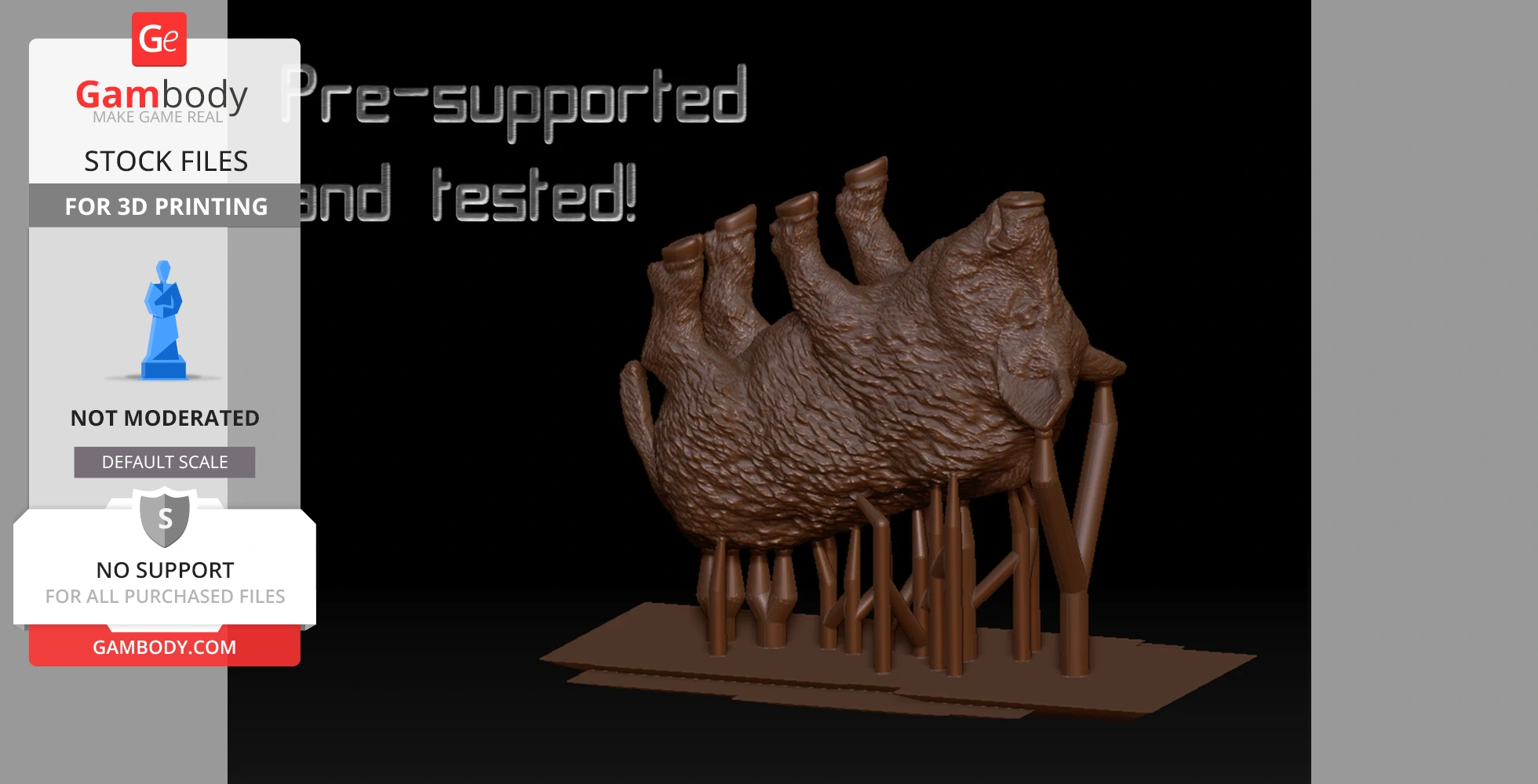 3D print model of four boars on a base with supports, pre-supported and tested for stability.
