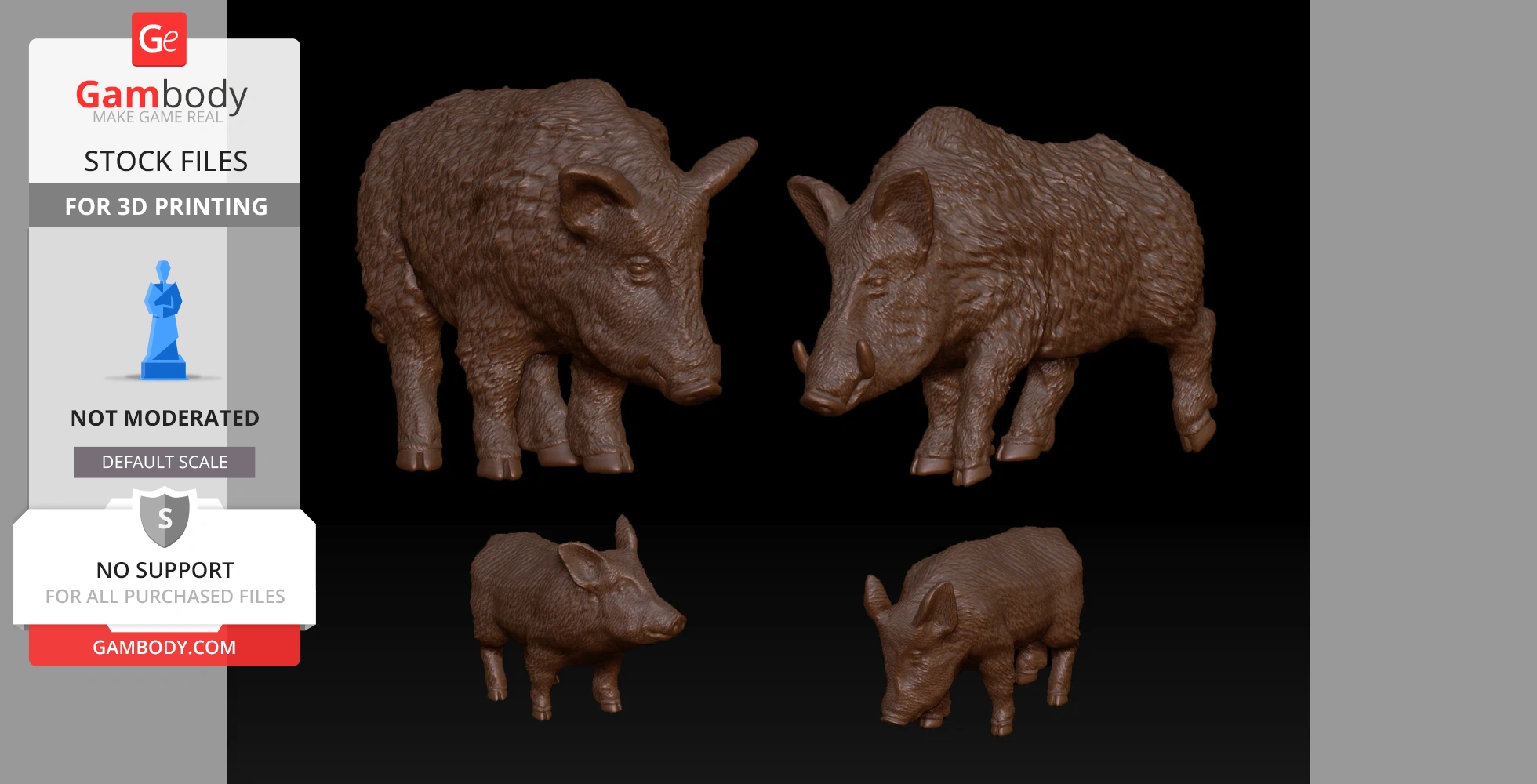 Four detailed boar figures in various poses, designed for 3D printing.