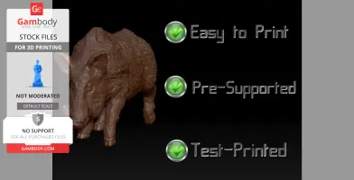 3D model of a boar with 'Easy to Print,' 'Pre-Supported,' and 'Test-Printed' badges displayed.