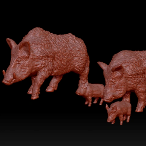 Four boar figures, including adults and young, crafted for 3D printing, shown in detailed STL format.