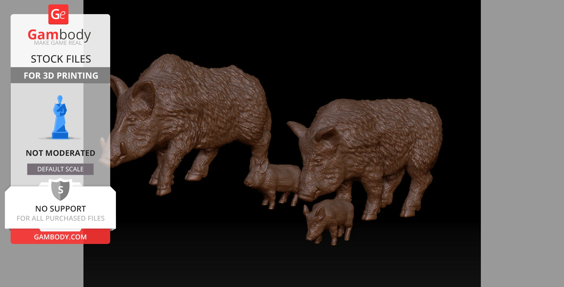 A 3D model of a boar family with two adults and two piglets, designed for printing.