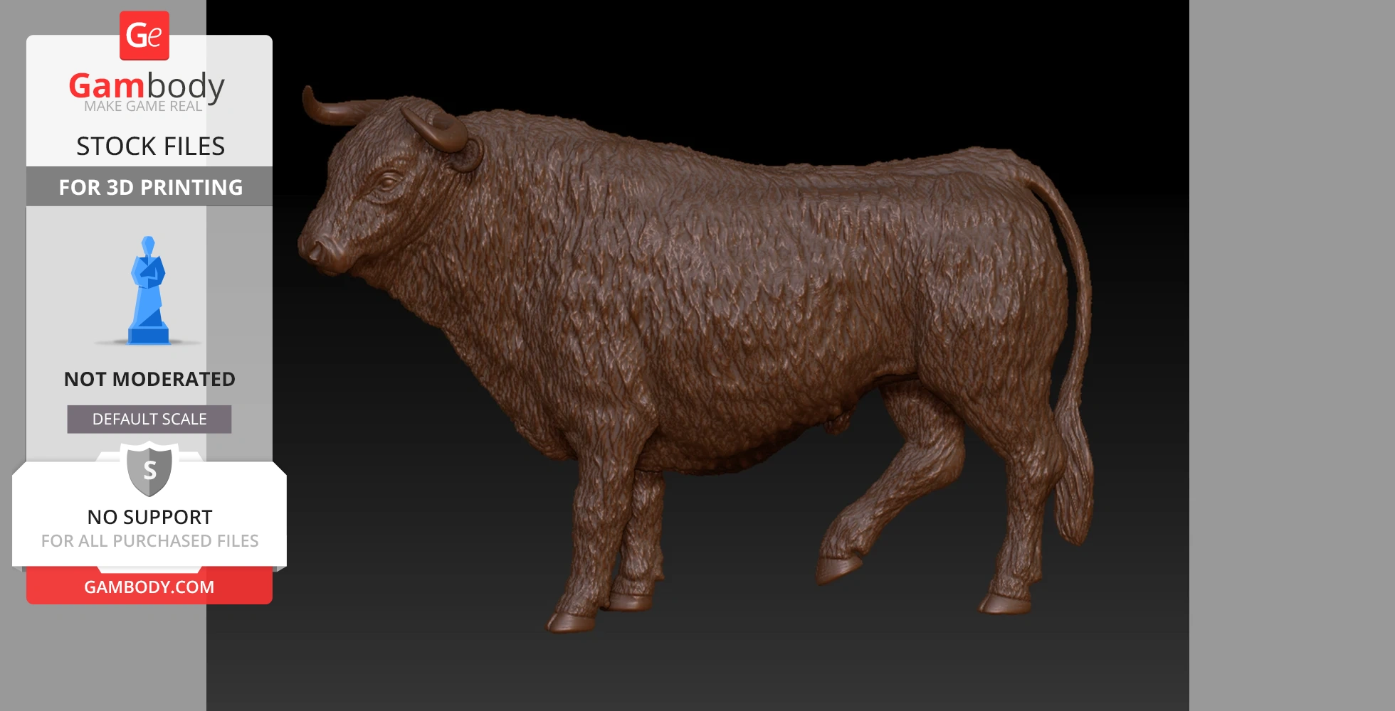 A detailed 3D model of a bull with textured fur, prepared for 3D printing.