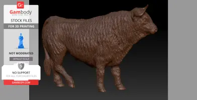 A detailed 3D model of a standing bull, suitable for 3D printing, with textured fur and horns.