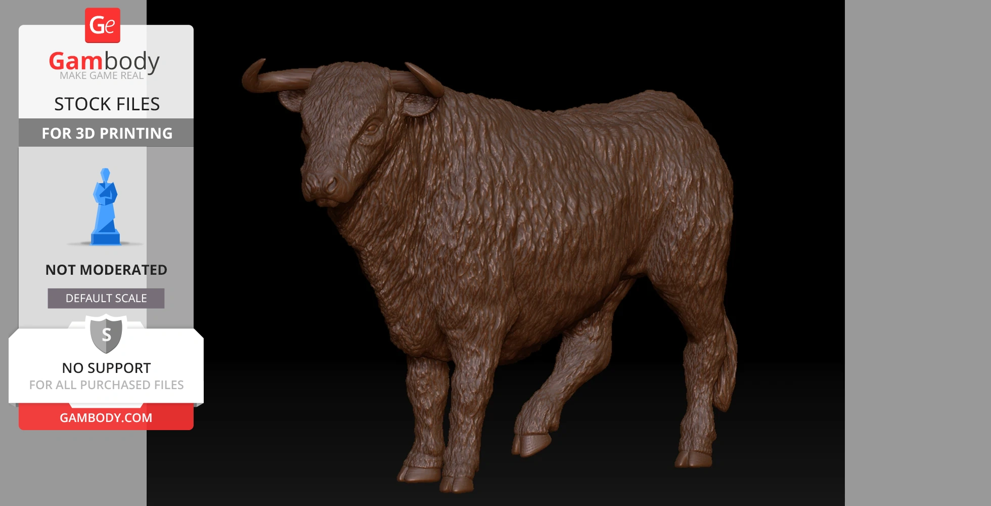 3D model of a textured bull, standing with head slightly turned. Ideal for farm-themed 3D printing.