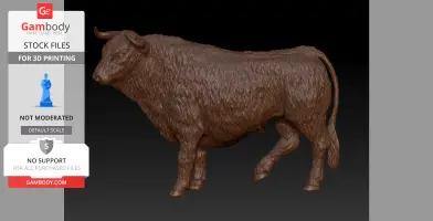 A detailed 3D model of a bull with textured fur, prepared for 3D printing.