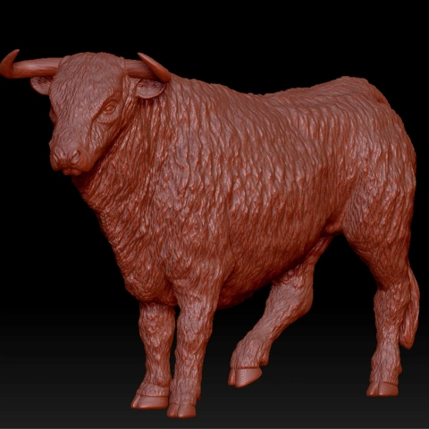 A detailed 3D model of a bull, with textured fur and horns, designed for 3D printing.