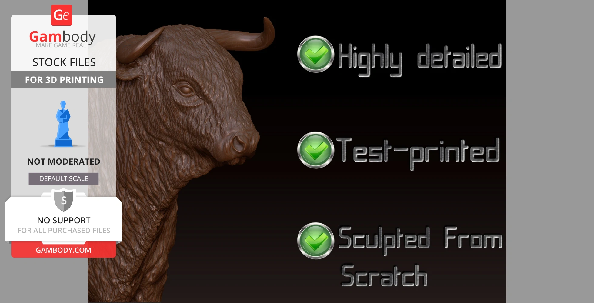 Highly detailed 3D bull model with features verified for printing, sculpted from scratch.