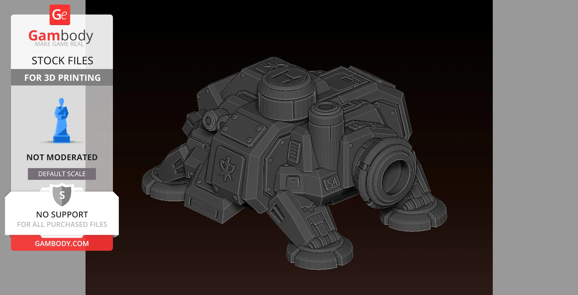 Futuristic, four-legged industrial machine model for 3D printing, with detailed mechanical features.