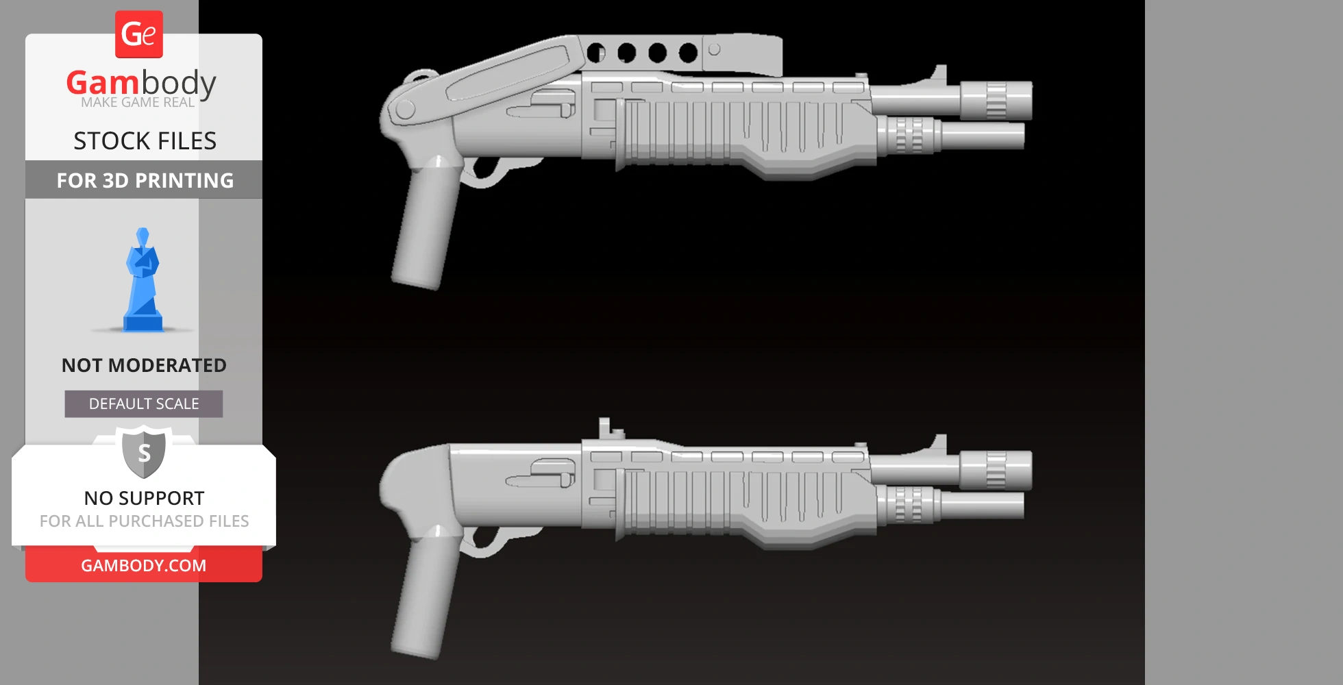 Side view of two gray, brick-compatible Spas12 shotgun models for 3D printing, shown on a black background.