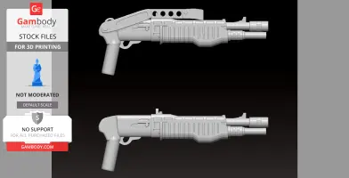 Side view of two gray, brick-compatible Spas12 shotgun models for 3D printing, shown on a black background.