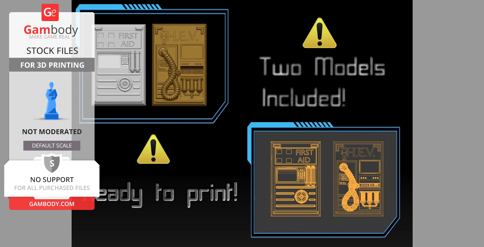 Two 3D printable models of HEV and health chargers with detailed interface designs are displayed.