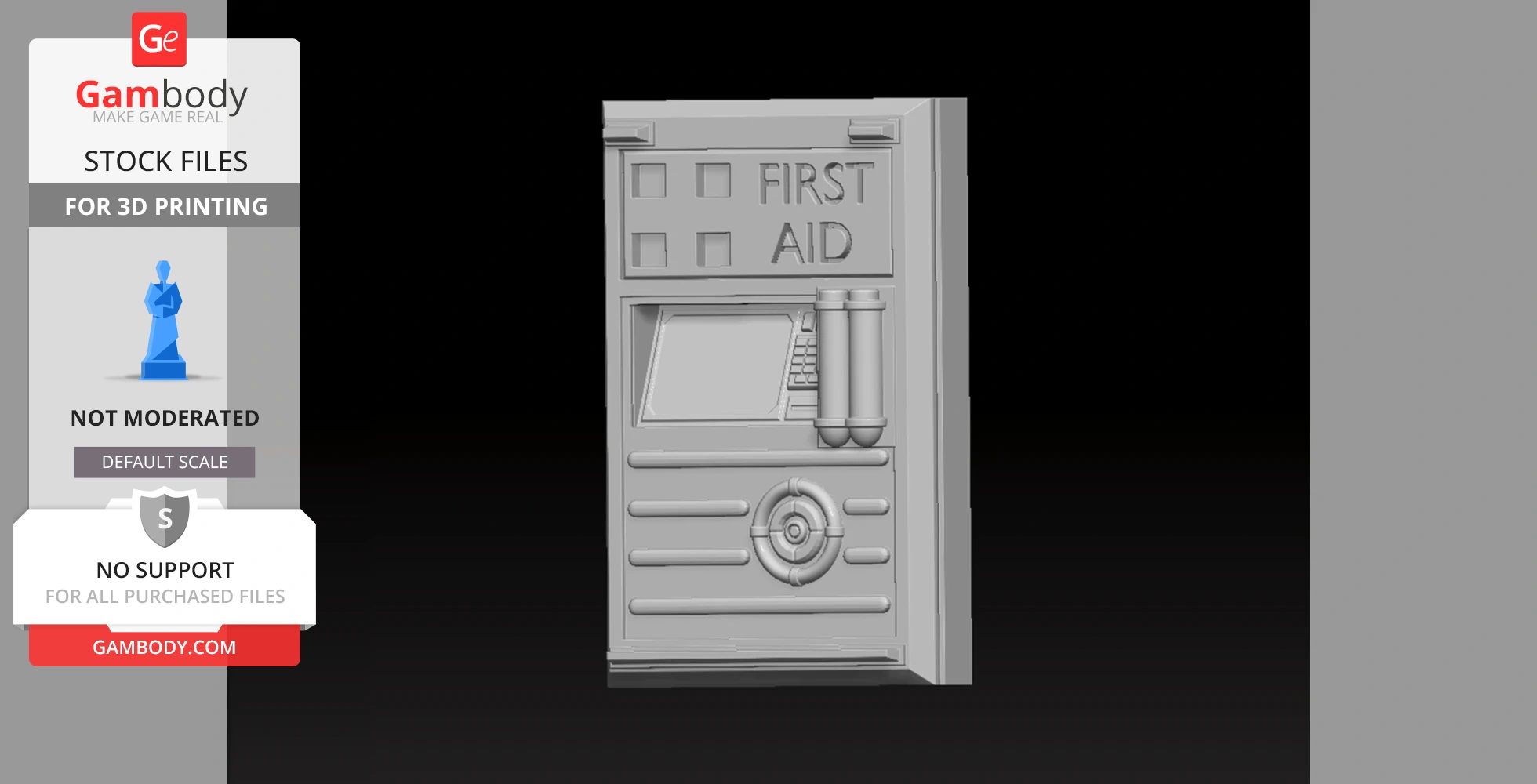 A 3D model of a 'First Aid' wall-mounted health charger from Half-Life for 3D printing.