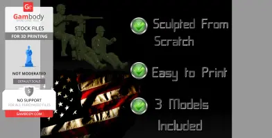 Three WWII Willys Jeep crew figures for 3D printing, with 'sculpted from scratch' and 'easy to print' features.