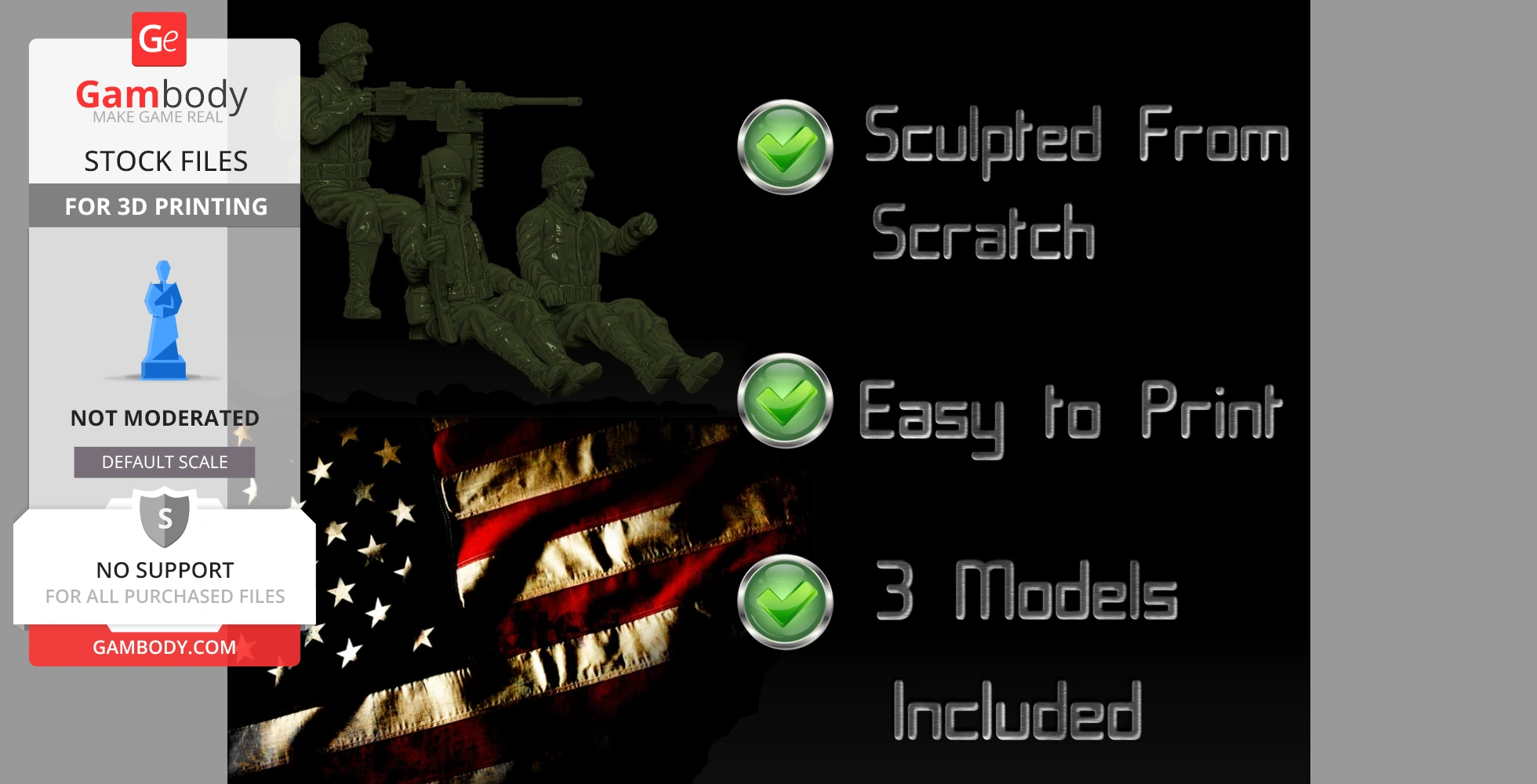 Three WWII Willys Jeep crew figures for 3D printing, with 'sculpted from scratch' and 'easy to print' features.