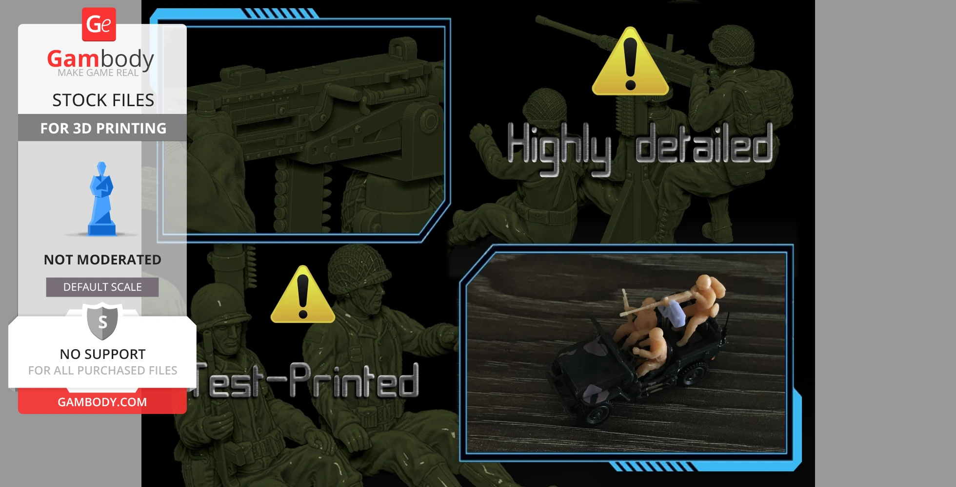 Highly detailed 3D model of WWII Willys Jeep with three crew members, including a gunner.