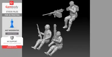 Three detailed 3D models of WWII soldiers with gear, ready for 3D printing.