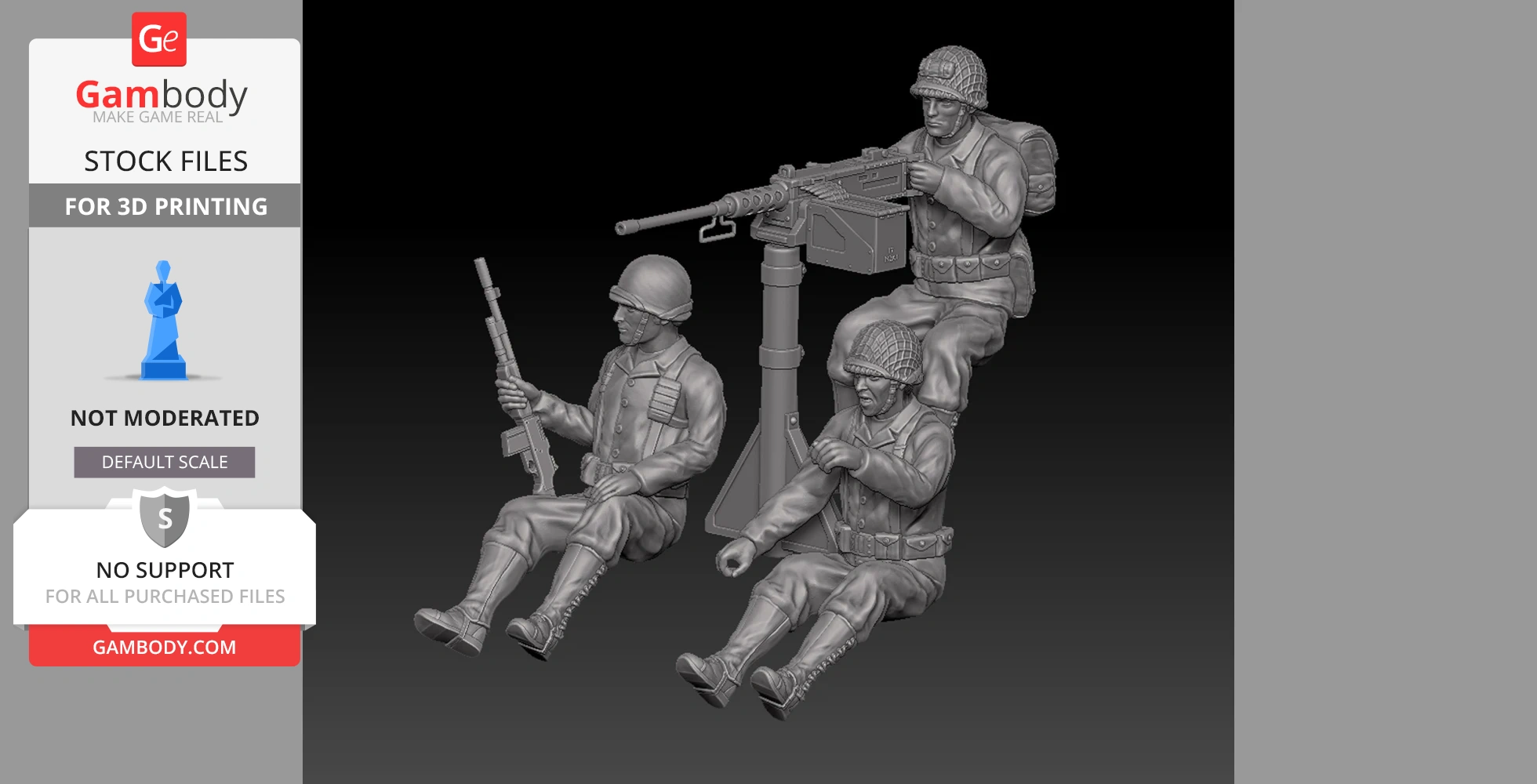 Three WWII soldiers in combat gear, including a gunner, ready for 3D printing in 25mm scale.