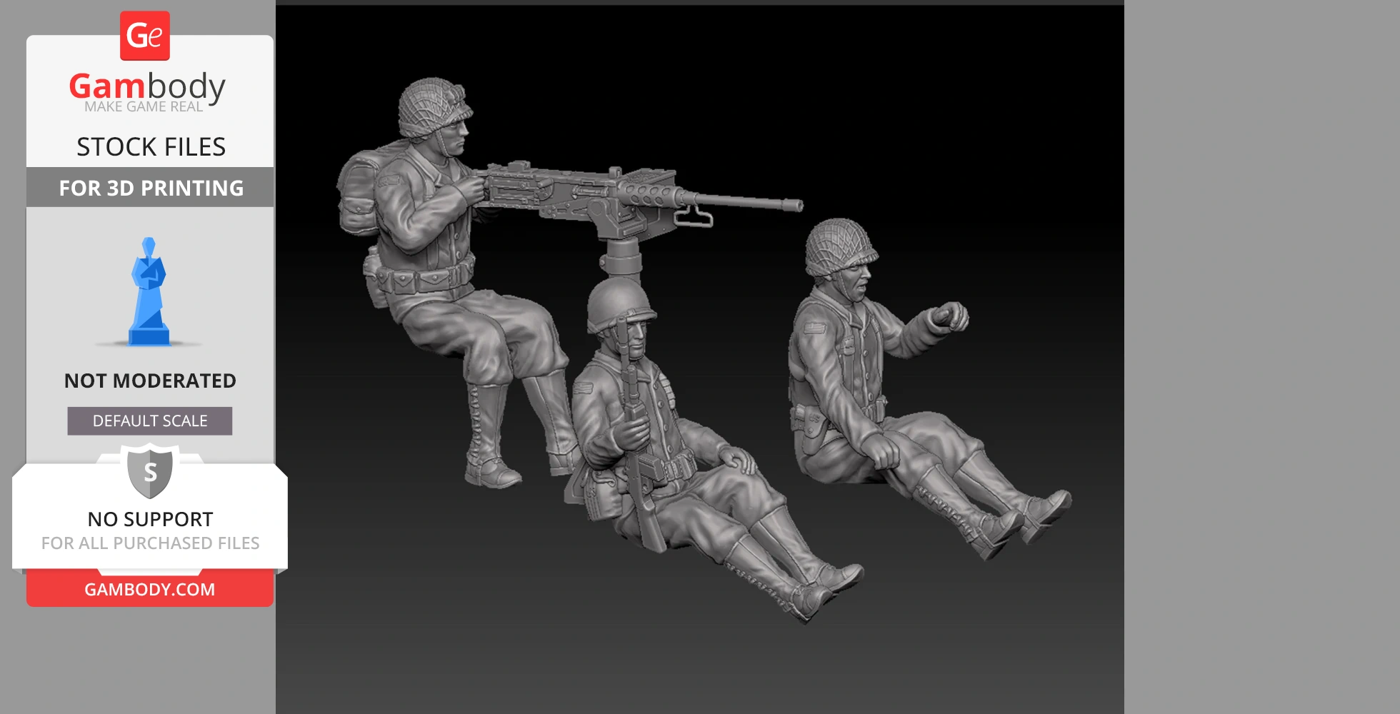 Three 3D-printed WWII U.S. soldiers, one operating a mounted machine gun, ready for a 25mm scale model.