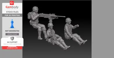 Three 3D-printed WWII U.S. soldiers, one operating a mounted machine gun, ready for a 25mm scale model.