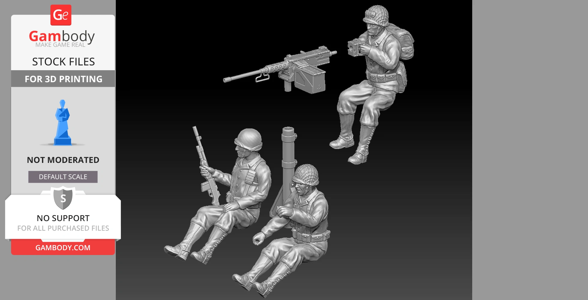 Three detailed 3D models of WWII soldiers with gear, ready for 3D printing.