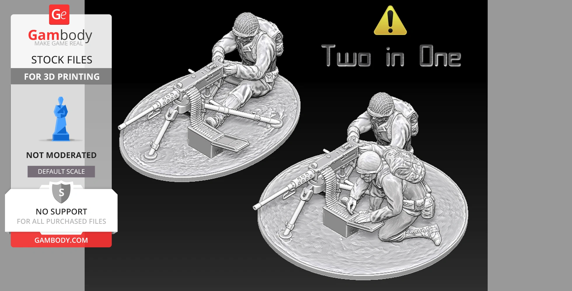 Two soldier miniatures operating a WWII M2 Browning machine gun on oval bases.