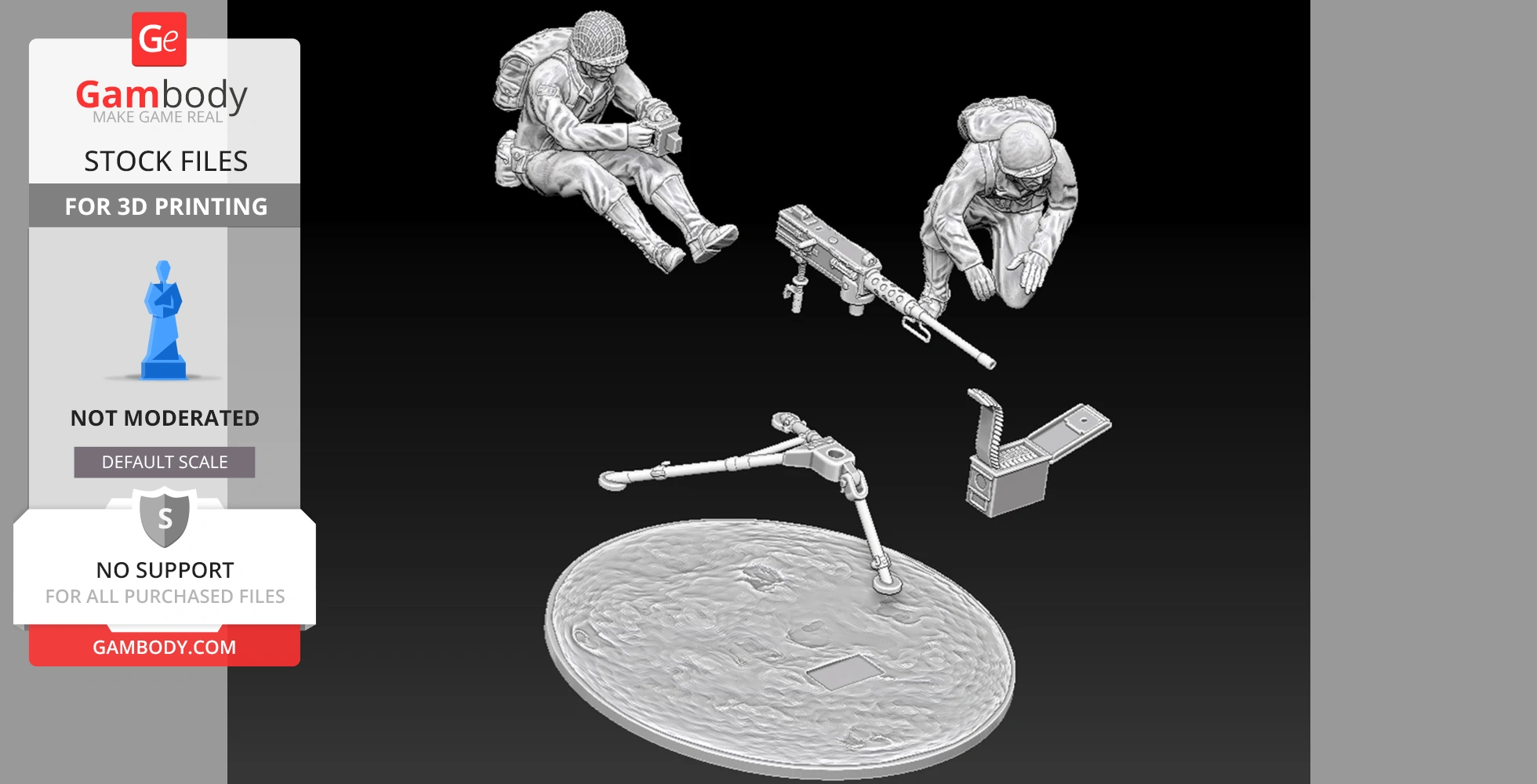 Two WWII soldier miniatures in action with M2 Browning HMG and base for 3D printing.