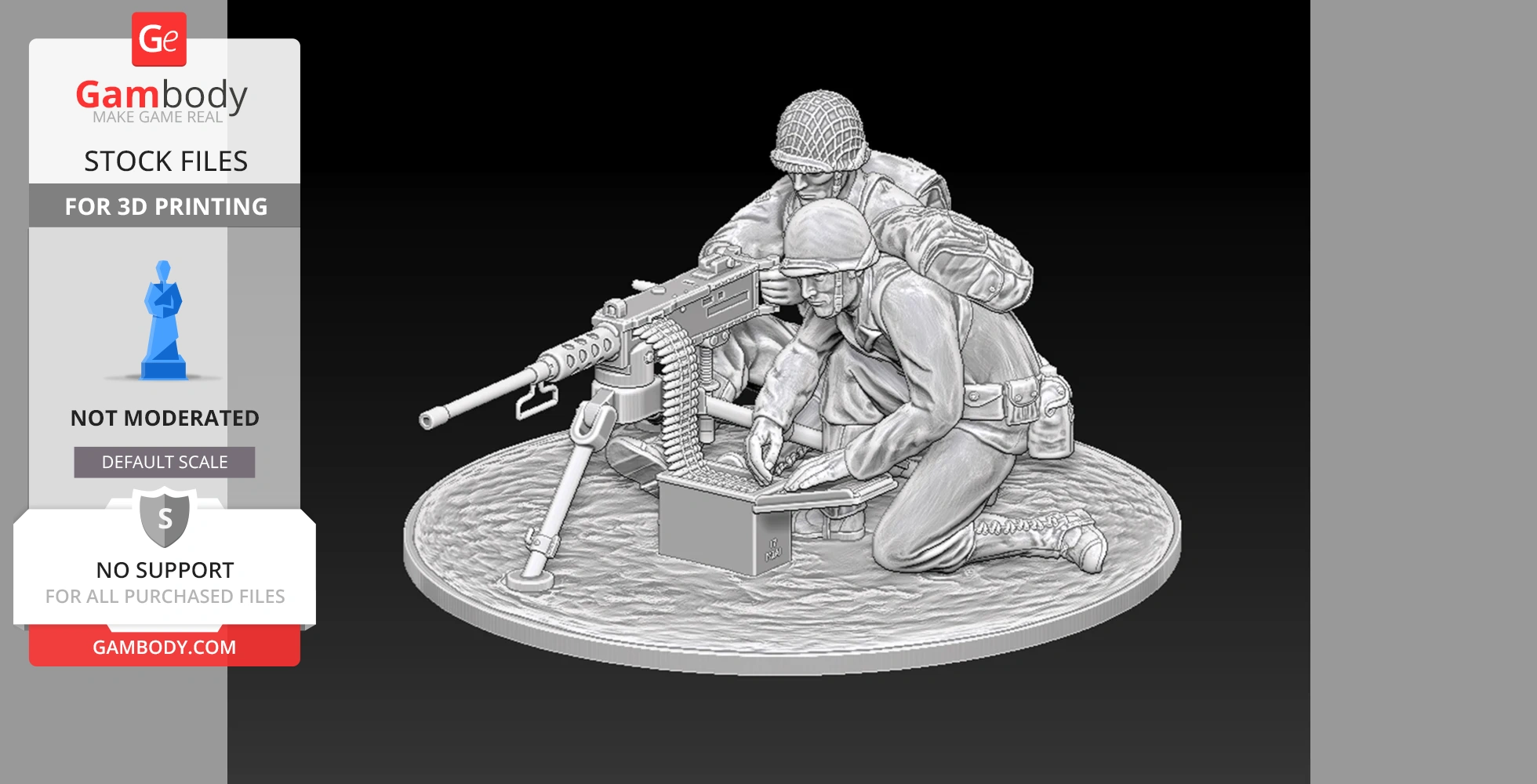 Two WW2 soldiers with an M2 Browning HMG, one kneeling, on a textured base.