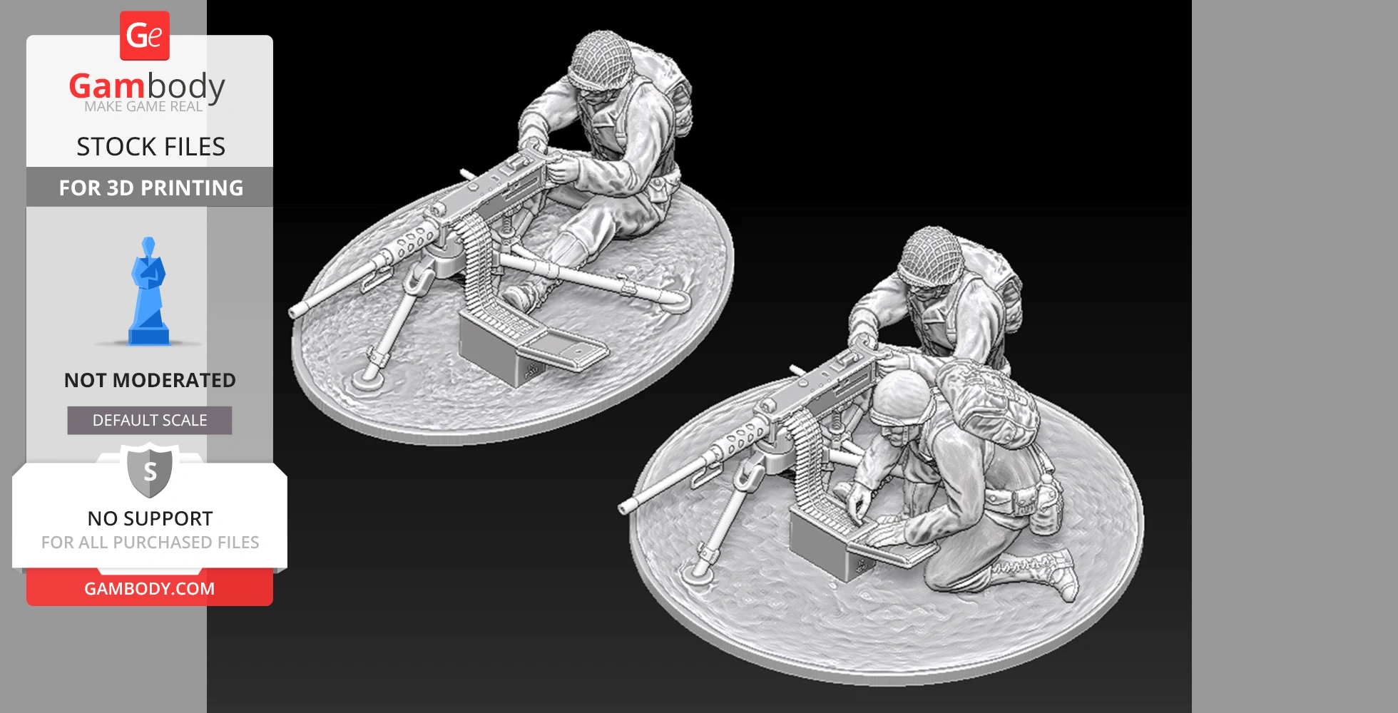 WW2 soldier miniatures manning an M2 Browning machine gun, ready for 3D printing.
