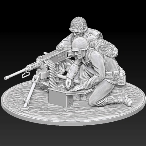 Two 3D-printed WWII soldiers operating an M2 Browning machine gun on round bases.