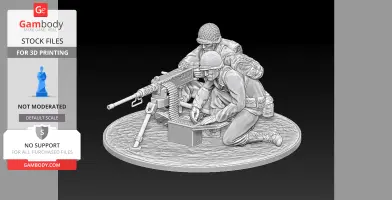 Two WW2 soldiers with an M2 Browning HMG, one kneeling, on a textured base.