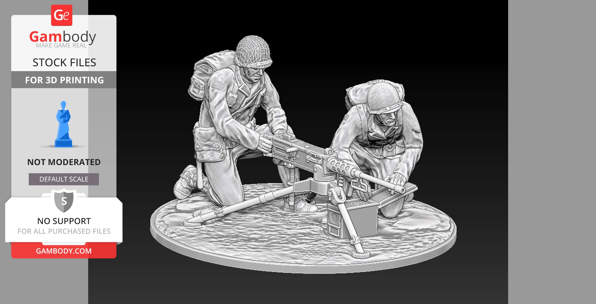 Two soldiers with an M2 Browning machine gun on a base, ready for 3D printing diorama.