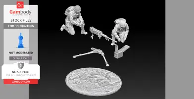 Two soldiers assembling a M2 Browning HMG with accessories on a textured base for 3D printing.