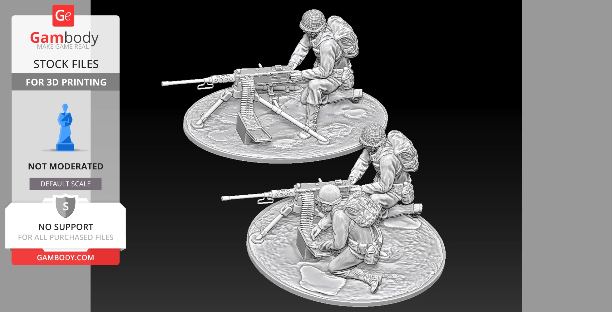 Two WWII soldiers with an M2 Browning machine gun on an oval base, ready for 3D printing.
