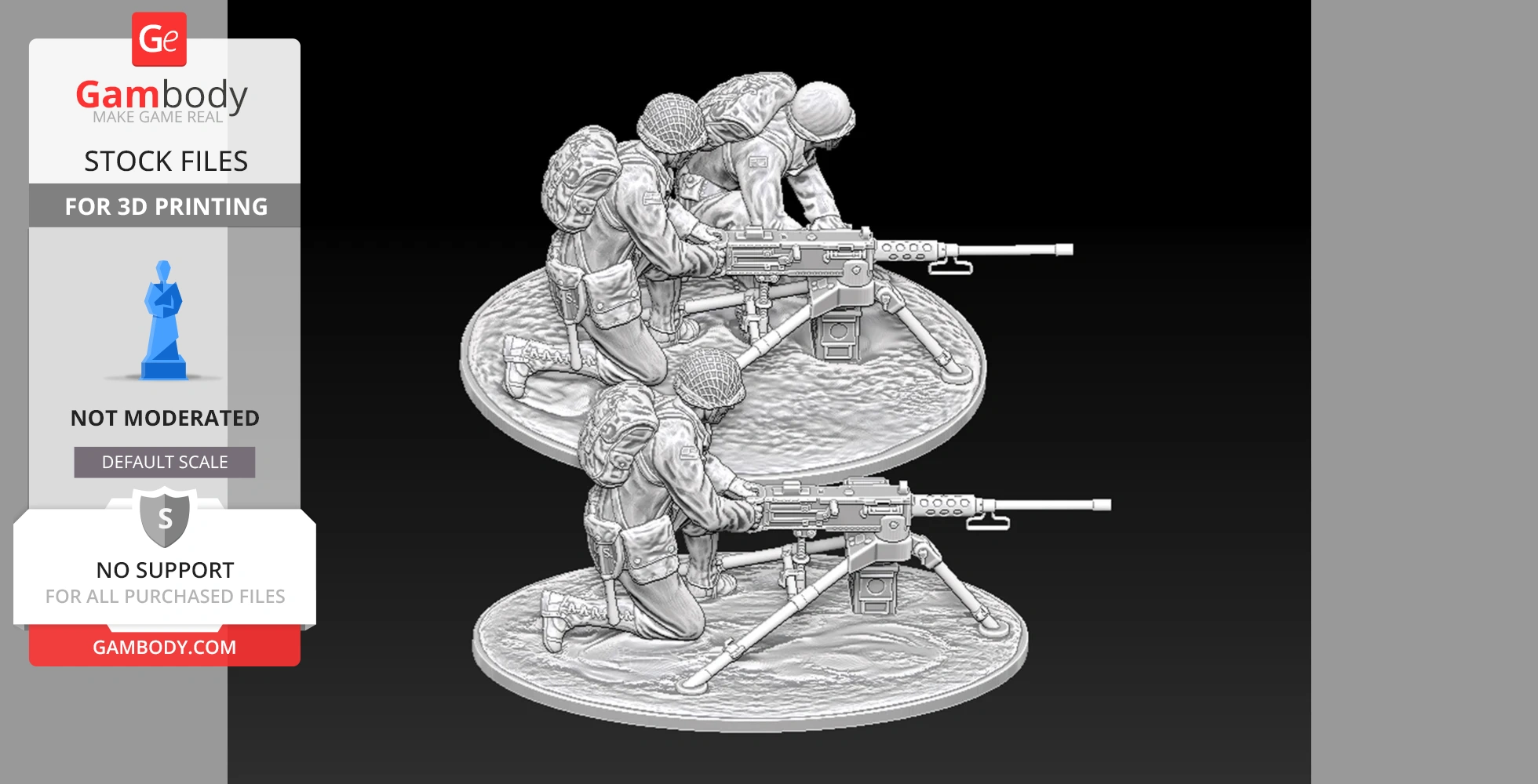 WW2 soldiers operating an M2 Browning HMG on oval bases for 3D printing.