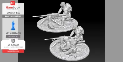 Two WWII soldiers with an M2 Browning machine gun on an oval base, ready for 3D printing.