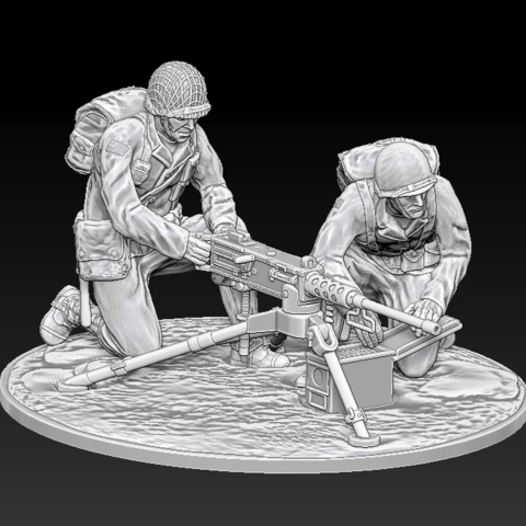Two soldiers assembling an M2 Browning HMG on a circular base, with various detachable parts.