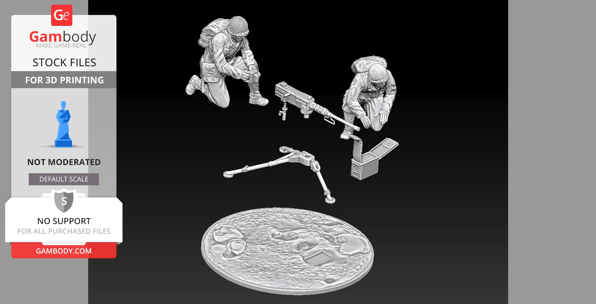 Two soldiers assembling a M2 Browning HMG with accessories on a textured base for 3D printing.
