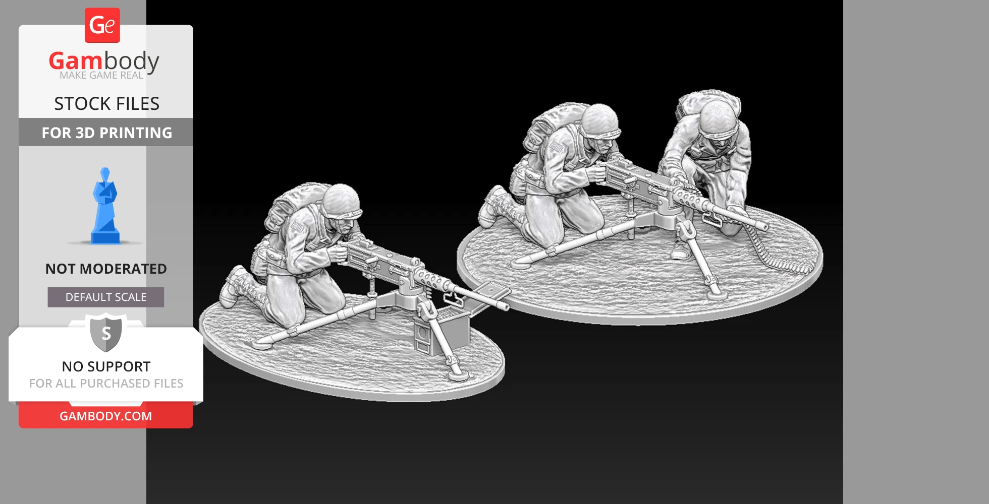Three WWII soldiers kneeling, operating M2 Browning HMGs on oval bases for 3D printing.