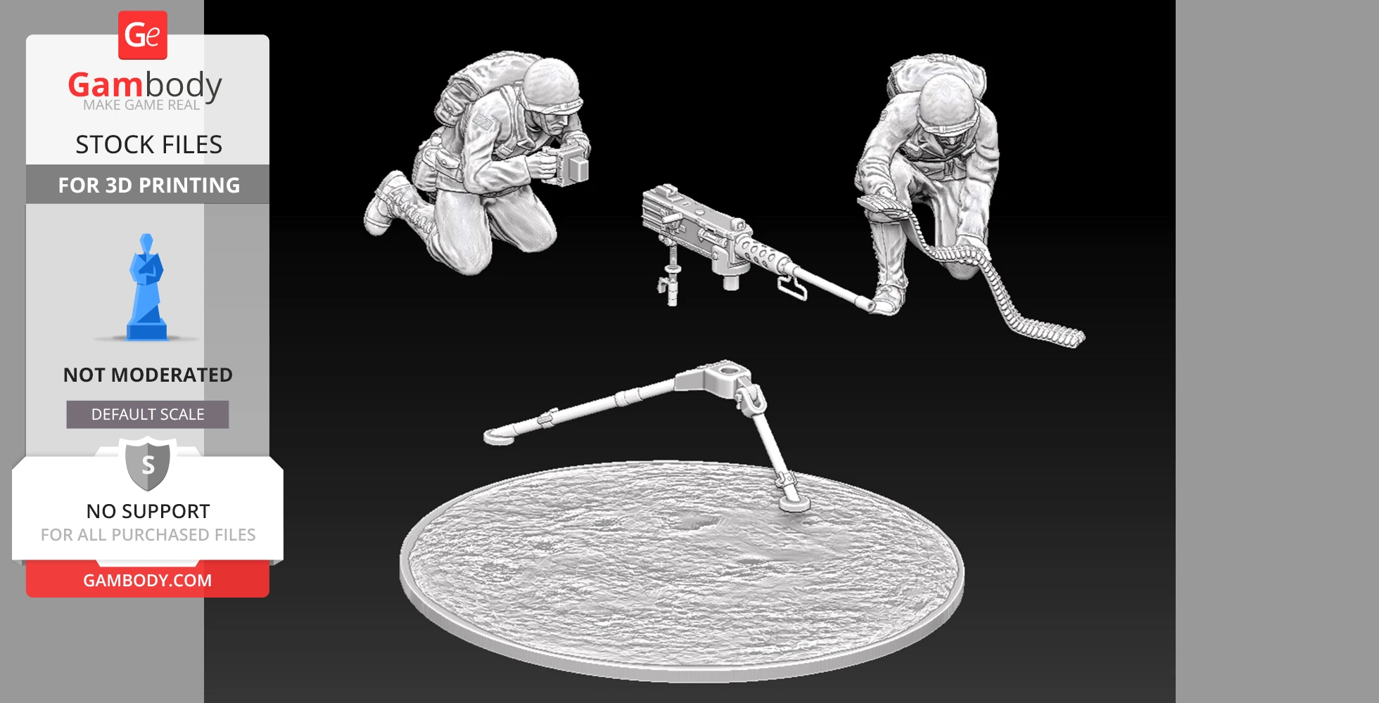 WW2 soldiers, one aiming, one reloading, with an M2 Browning HMG on a base. 3D-printable model set.