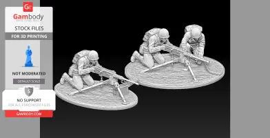 Three WWII soldiers kneeling, operating M2 Browning HMGs on oval bases for 3D printing.