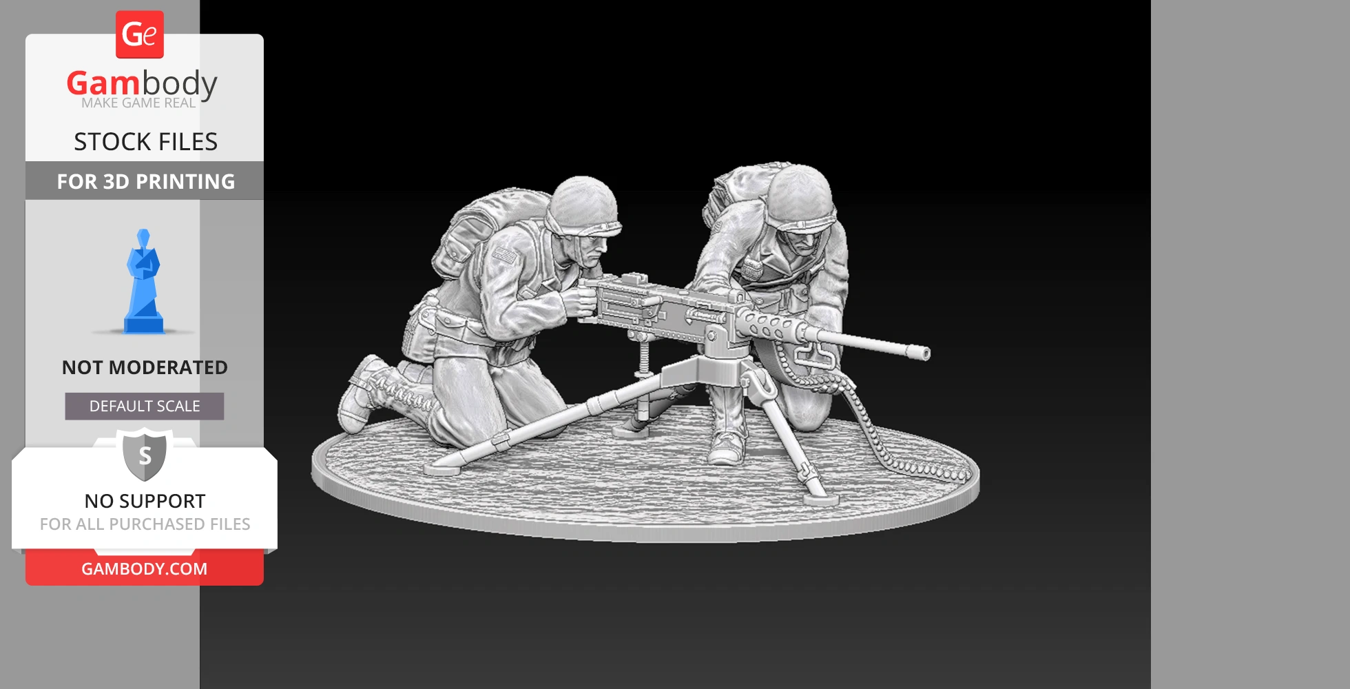 WW2 soldiers operating an M2 Browning machine gun on a round base, ready for 3D printing.