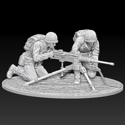 WW2 soldiers in action pose with M2 Browning machine gun on oval bases, ready for 3D printing.