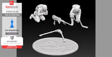 WW2 soldiers, one aiming, one reloading, with an M2 Browning HMG on a base. 3D-printable model set.
