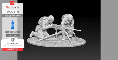 WW2 soldiers operating an M2 Browning machine gun on a round base, ready for 3D printing.