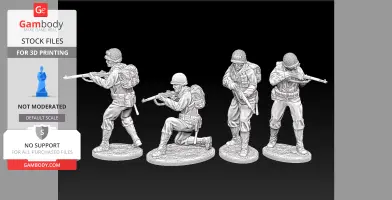 Four detailed World War II US Rangers riflemen in action poses as 3D printable miniatures.